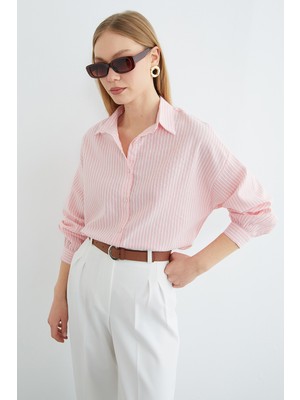 FullaModa Çizgili Arkası Uzun Oversize Gömlek