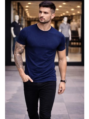 Erkek T-Shirt Bisiklet Yaka Slim Fit Dar Kesim Likralı Tişört Günlük Basic Body - Lacivert