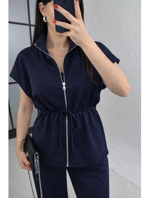 Nova Epoxy Art Kadın Yarasa Kol Fermuar ve Lastikli Bağcık Detay Ceket Pantolon Ikili Takım