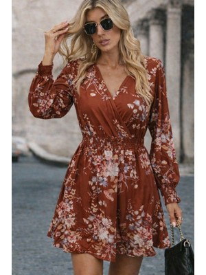 Nidam Butik Kadın Uzun Kollu Kruvaze Yakalı Çiçek Desenli Mini Süprem Elbise