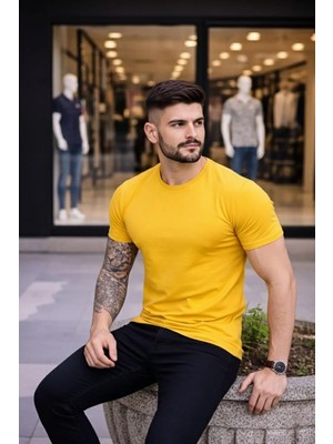 Erkek T-Shirt Bisiklet Yaka Slim Fit Dar Kesim Likralı Tişört Günlük Basic Body - Sarı