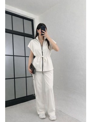 Nova Epoxy Art Kadın Yarasa Kol Fermuar ve Lastikli Bağcık Detay Ceket Pantolon Ikili Takım