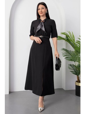 Bosel Kadın Kısa Kollu Fular ve Kemer Detay Önden Yırtmaçlı Maxi Boy Elbise