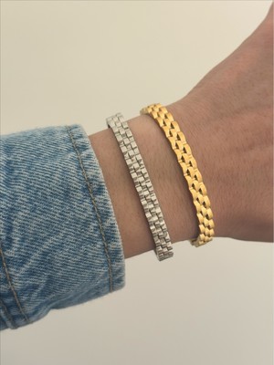 QA Quella Accessories Çelik R   Gümüş & Gold Kelepçe Bileklik Iç Çap: 6 cm / Çevresi: 20 cm - Gümüş