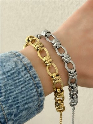 QA Quella Accessories Çelik Halka Düğüm Gümüş & 14 Ayar Gold Kalın Zincir Bileklik 16+5 cm - Gold