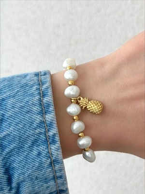 QA Quella Accessories Çelik Beyaz Inci Ananas  Lastikli 14K Gold Bileklik