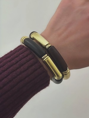 QA Quella Accessories Özel Seri Z   Altın Kaplama Siyah & Koyu Kahve Lastikli Gold Bileklik - Siyah