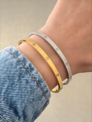 QA Quella Accessories Çelik C  Zirkon Ince  Gümüş & Gold Kelepçe Bileklik Iç Çapı: 6,2 cm / Çevresi: 20 cm - Gold