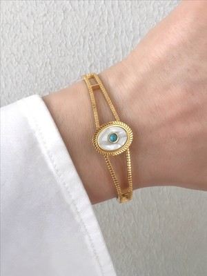 QA Quella Accessories Çelik Mavi Doğal Taş Sedefli Vintage Gold Kelepçe Bileklik Iç Çap: 5,7 cm / Çevresi: 19 cm