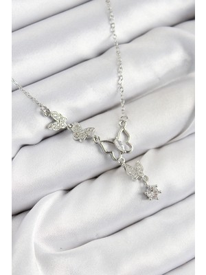 Efe Avm 316L Çelik Zirkon Taşlı Kelebek Model Gümüş Renk Kadın Kolye - Lisinya