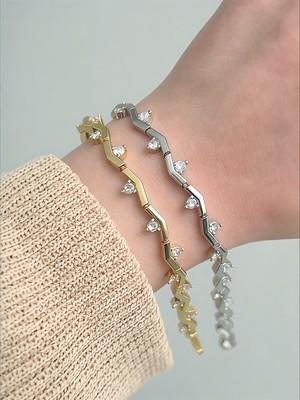 QA Quella Accessories Rodyum Zikzak Damla Zirkon 14 Ayar Altın Kaplama Gold Bileklik 16+2 cm - Gold