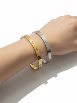 QA Quella Accessories Çelik C   Kalın Düz Gümüş & Gold Kelepçe Bileklik Iç Çapı: 6 cm / Çevresi: 19 cm - Gold