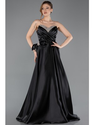 Abiyefon Taşlı Straplez Yaka Uzun Saten Nişan Elbisesi ABU5541