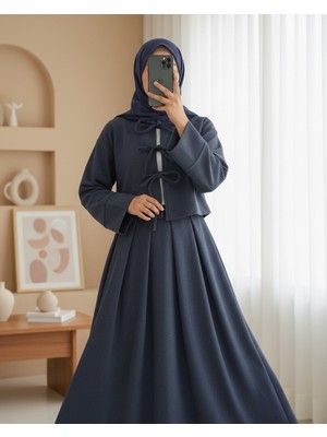 Modamorfo Önü Bağcıklı Etekli Kaşe Takım -Indigo