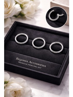 Begonia Accessories  Cerrahi Çelik, 8 mm Çap, 3 Adet Gümüş Kaplama Septum Kilitili Halka Piercing Küpe Set, Kaş, Dudak, Burun, Kulak Kullanımına Uygundur