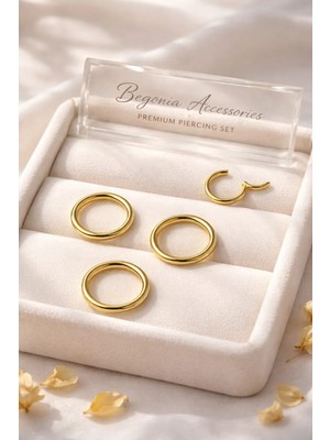 Begonia Accessories  Cerrahi Çelik, 6 mm Çap, 3 Adet Altın Kaplama Septum Kilitili Halka Piercing Küpe Set, Kaş, Dudak, Burun, Kulak Kullanımına Uygundur