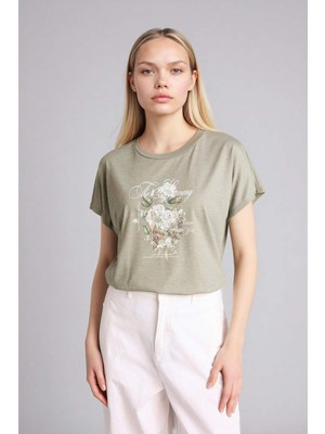 DeFacto Bisiklet Yaka Çiçekli Kısa Kollu Tişört H1396AX26SM