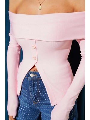 Elma Shop Madonna Yaka Düğmeli Bluz Pembe