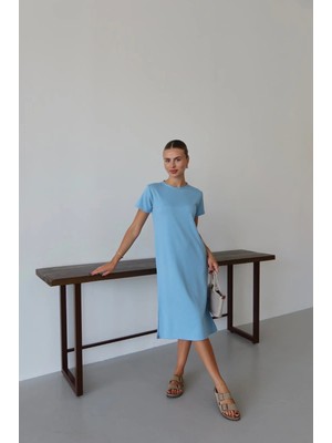 Elma Shop Modal Yırtmaçlı Elbise Mavi Pt