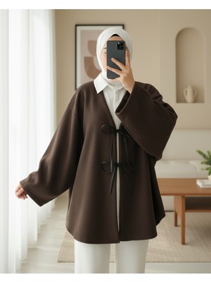 Moda Morfo Önü Bağcıklı Oval Kesim Kaşe Kimono     -Kahve