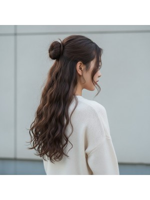 Indispensablely Fiber Sen Dalgalı Yarım Ay + 2 Yan Çıt Çıt / Koyu Kahve