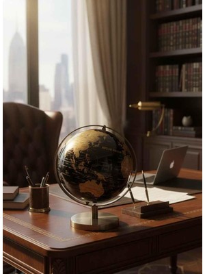 Rossev Dekoratif Dünya Küresi Çift Metalli Eskitme Gold Siyah 30CM