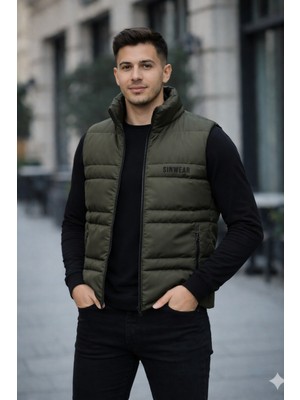 Sinwear Erkek Standart Fit Dik Yaka Cepli Fermuarlı Sıcak Tutan Mevsimlik Şişme Yelek