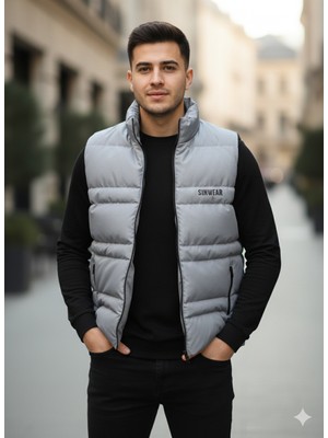 Sinwear Erkek Standart Fit Dik Yaka Cepli Fermuarlı Sıcak Tutan Mevsimlik Şişme Yelek