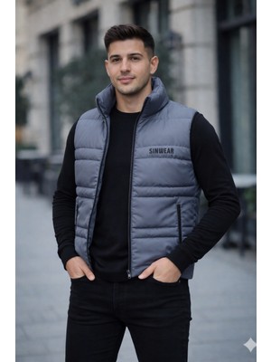 Sinwear Erkek Standart Fit Dik Yaka Cepli Fermuarlı Sıcak Tutan Mevsimlik Şişme Yelek