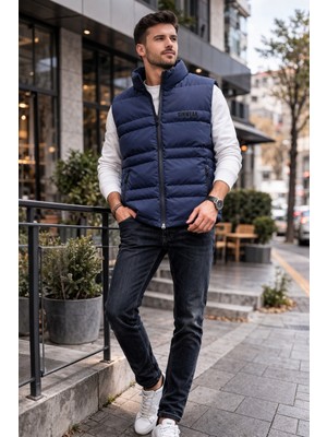 Sinwear Erkek Standart Fit Dik Yaka Cepli Fermuarlı Sıcak Tutan Mevsimlik Şişme Yelek