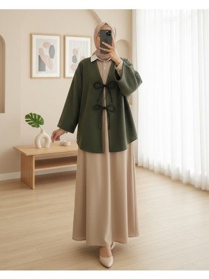 Modamorfo Önü Bağcıklı Oval Kesim Kaşe Kimono     -Haki