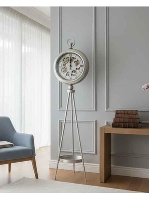 Rossev Eskitme Gümüş Çarklı Tripod Ayaklı Dekoratif Saat Lofti