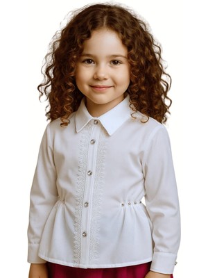 Elayza Ön Patı Brode Dantel Detaylı Beli Büzgülü Çakma Taşlarla Süslü Kız Çocuk Uzun Kollu Beyaz Gömlek