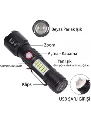 Luz&pos WS-2828 Ultra USB Şarjlı Polis El Feneri, Bekçi, Asker El Feneri Kırmızı Mavi Çakarlı 1000 Lümen