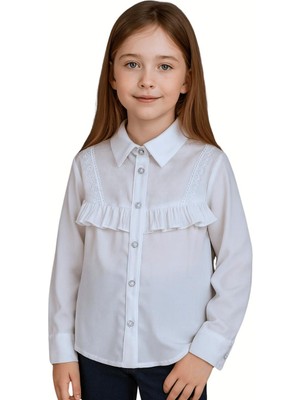 Elayza Göğsü Fırfırlı Dantel Brode Detaylı Uzun Kollu Kız Çocukbeyaz Gömlek