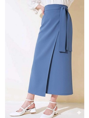 Tesettür Diyarı Beli Fiyonklu Helin Tesettür Etek- Koyu Mavi