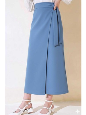 Tesettür Diyarı Beli Fiyonklu Helin Tesettür Etek- Mavi