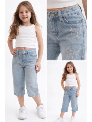 Roza Kız Çocuk Taş Detaylı Fiyonk Desenli Kot Kapri -7886