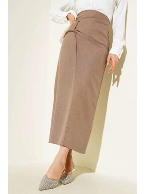 Tesettür Diyarı Beli Fiyonklu Helin Tesettür Etek- Vizon