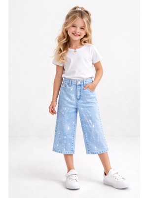 Roza Kız Çocuk  Çizgili Taş Detaylı Kot Kapri Pantolon –7885- Ka
