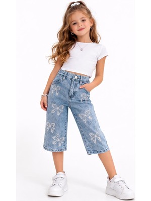 Roza Kız Çocuk Taşlı Fiyonk Desenli Kot Kapri - 7886-KA