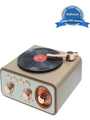 Eco Port Metalik Nostaljik Tasarım Plak Çalar Görünümlü Radyolu Bluetooth Hoparlör Retro Müzik Plak