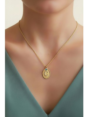 Diamine Pırlanta 14 Ayar Altın Oval Plaka Harfli Kolye