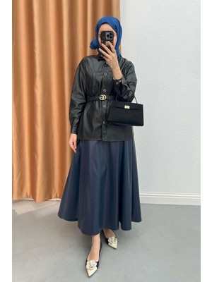 Tesettür Diyarı Kadın Suni Deri Uzun Etek-Lacivert