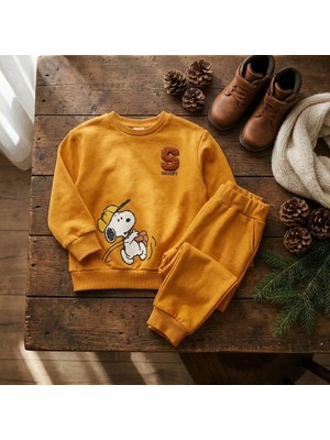 The Littles Kids Erkek Çocuk Snoopy Baskılı Nakışlı Pamuklu Içi Polarlı Şardonlu Sarı Alt Üst Takım