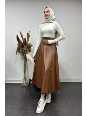 Tesettür Diyarı Çan Kesim Uzun Deri Etek- Taba