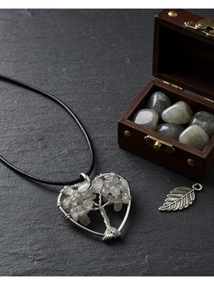 Meneva Aksesuar Kristal Kuvars Doğal Taş Kalp Hayat Ağacı Kolye