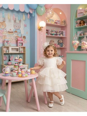 Butik Happy Kids Kız Bebek Caroline Kumaş Krem Karpuz Kollu Kat Etekli Abiye Elbise Taç Hediyeli 1-5 Yaş