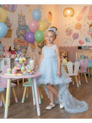 Butik Happy Kids Kız Çocuk Askılı İnci ve Gül Detaylı Çıkabilen Kuyruklu Taç Hediyeli Monita Kız Çocuk Abiye Elbise 3-7 Yaş