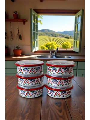 İnci Emaye 6 Parça Orta Boy,kapaklı,desenli Emaye Kahvaltı Seti,sunum,kahvaltı Tabağı, Reçellik,zeytin